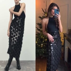 Zara sequin knit halter dress black